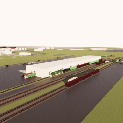 3D sample of a railway near a warehouse